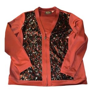 Bob Mackie Wearable Art Sequin Zip Jacket Red Black Harlequin Statement Top L